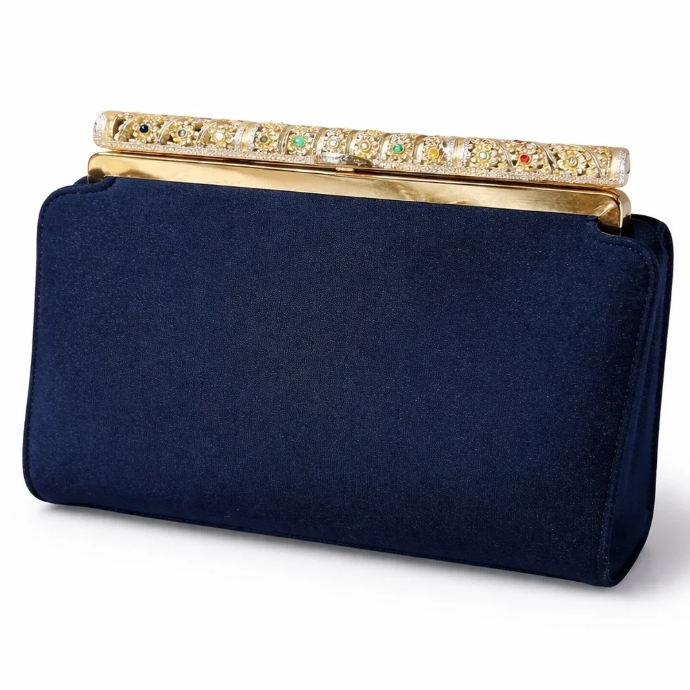 Vintage 1950s Jeweled Filigree Evening Clutch Navy Satin MCM Purse